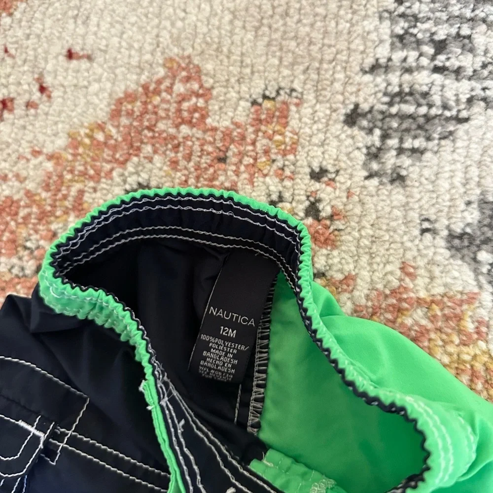 Nautica 12 Month Baby Boy Swim Trunks Shorts Vibrant Green & Navy Blue EUC
